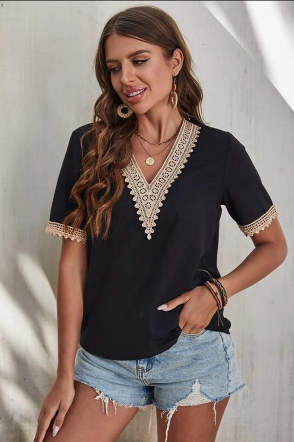 Full Size Lace Detail V-Neck Short Sleeve Blouse Trendsi