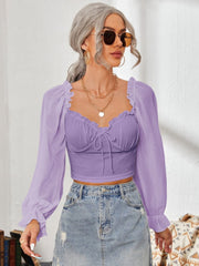 Mesh Sweetheart Neck Flounce Sleeve Top - Trendsi