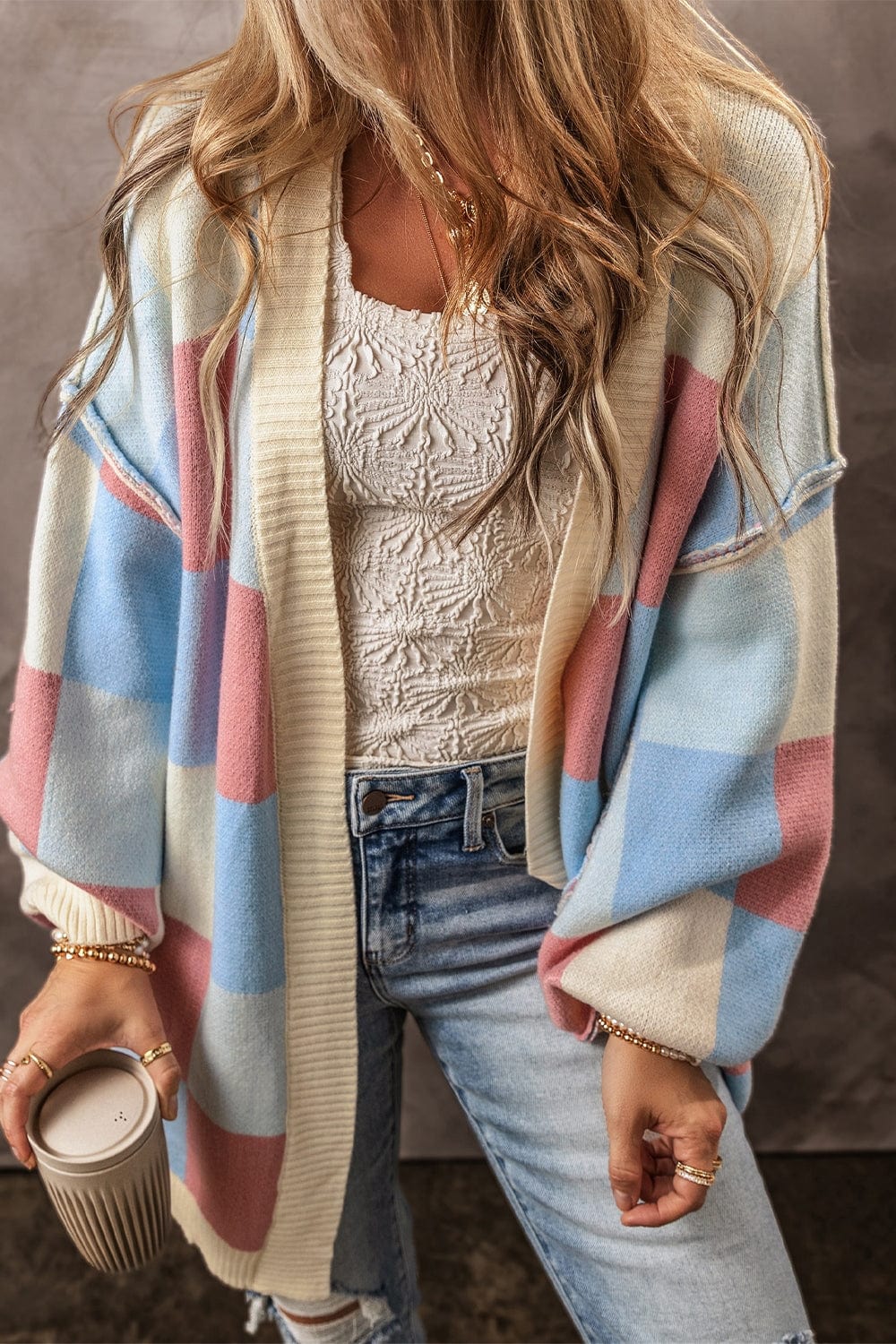 Exposed Seam Color Block Open Front Cardigan - Trendsi