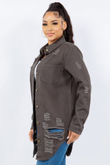 American Bazi Distressed Button Up Long Sleeve Denim Jacket - Trendsi