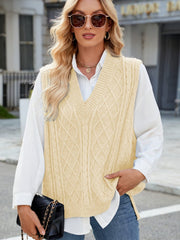 Cable Knit V-Neck Sweater Vest - Trendsi