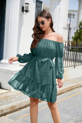 Swiss Dot Off-Shoulder Balloon Sleeve Dress - Flyclothing LLC