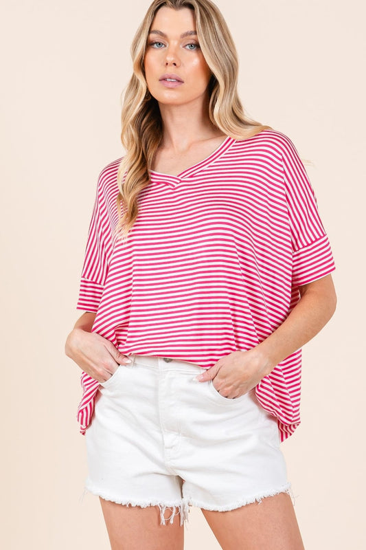 BOMBOM Striped V-Neck T-Shirt - Trendsi