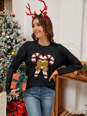 Sequin Candy Cane Round Neck Long Sleeve Sweater