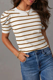 Striped Round Neck Puff Sleeve Knit Top - Flyclothing LLC