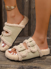 Faux Fur Contrast Open Toe Slippers - Trendsi