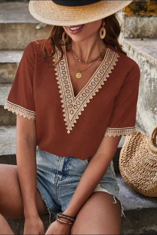 Full Size Lace Detail V-Neck Short Sleeve Blouse Trendsi