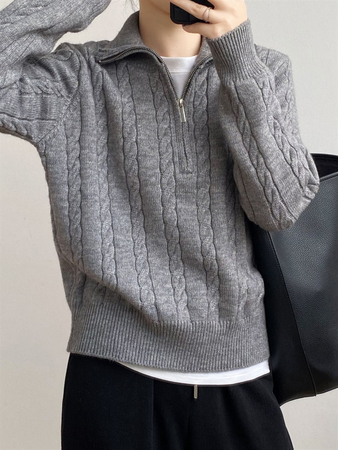 Cable-Knit Half Zip Long Sleeve Sweater - Trendsi