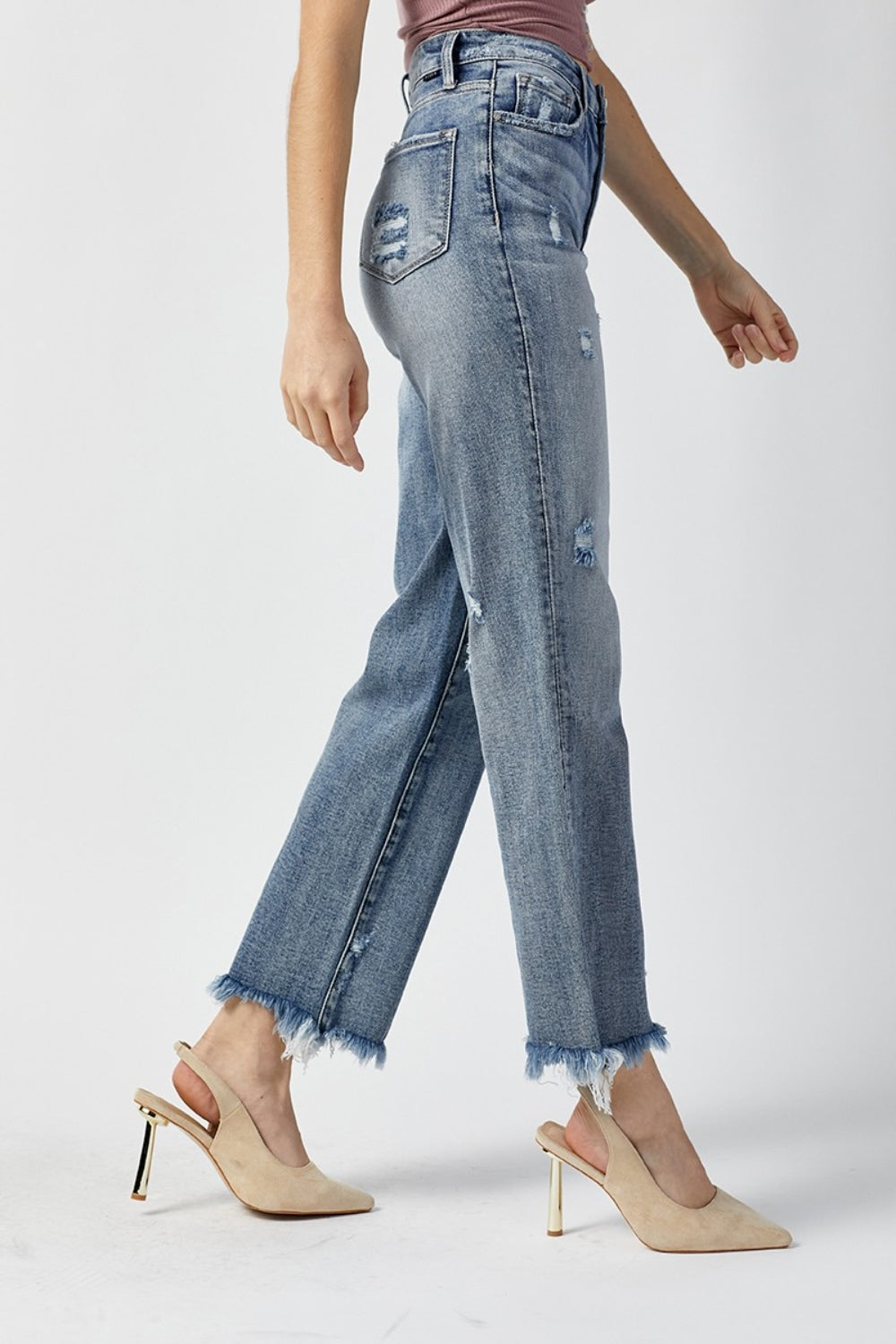 RISEN High Waist Raw Hem Straight Jeans - Flyclothing LLC