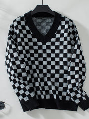 Checkered V-Neck Dropped Shoulder Sweater - Trendsi