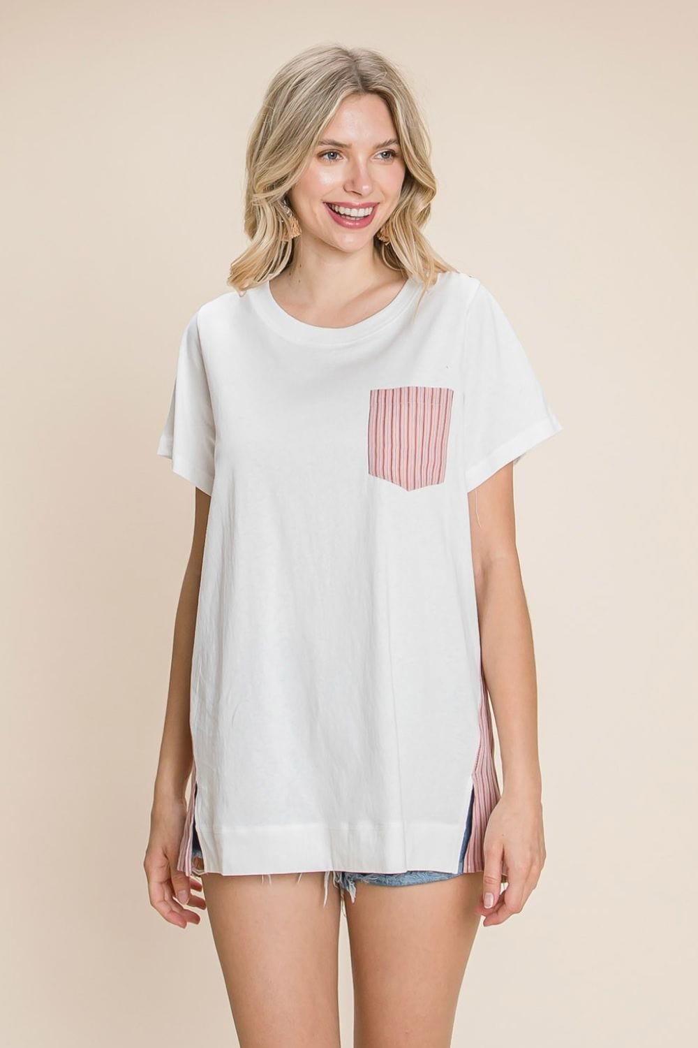 Cotton Bleu by Nu Label Contrast Striped Short Sleeve T-Shirt - Trendsi