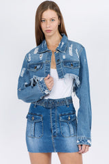 American Bazi Distressed Denim Jacket with Frayed Hem - Trendsi