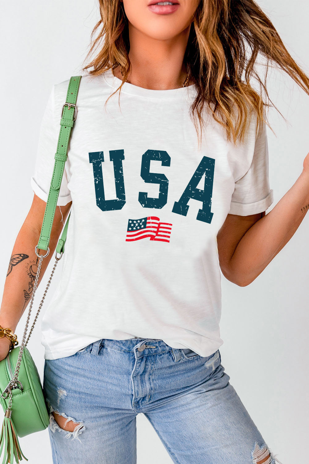 USA Round Neck Short Sleeve T-Shirt Trendsi