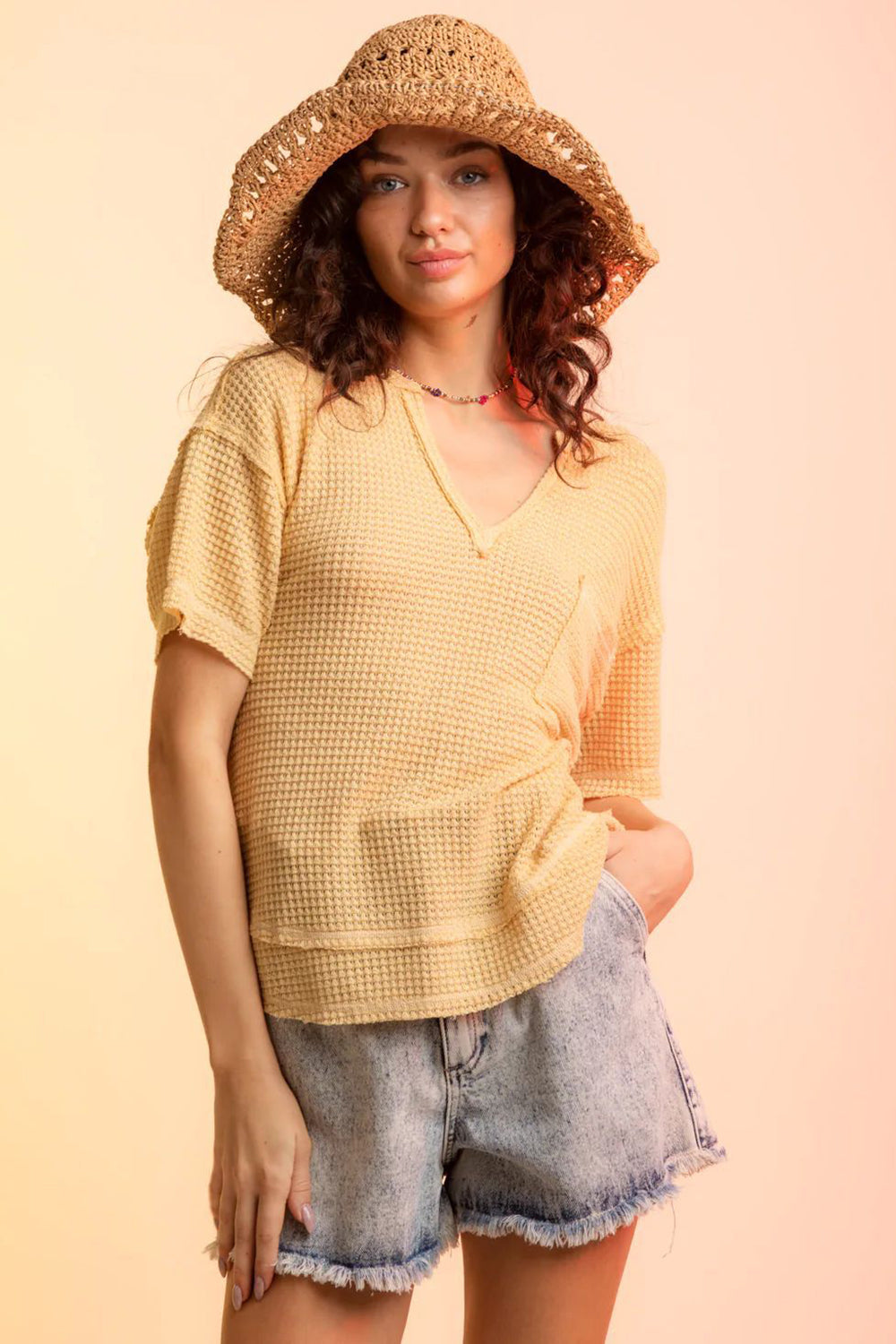 Waffle-Knit Notched Half Sleeve T-Shirt Trendsi