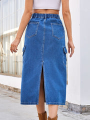 Slit Midi Denim Skirt with Pockets Trendsi