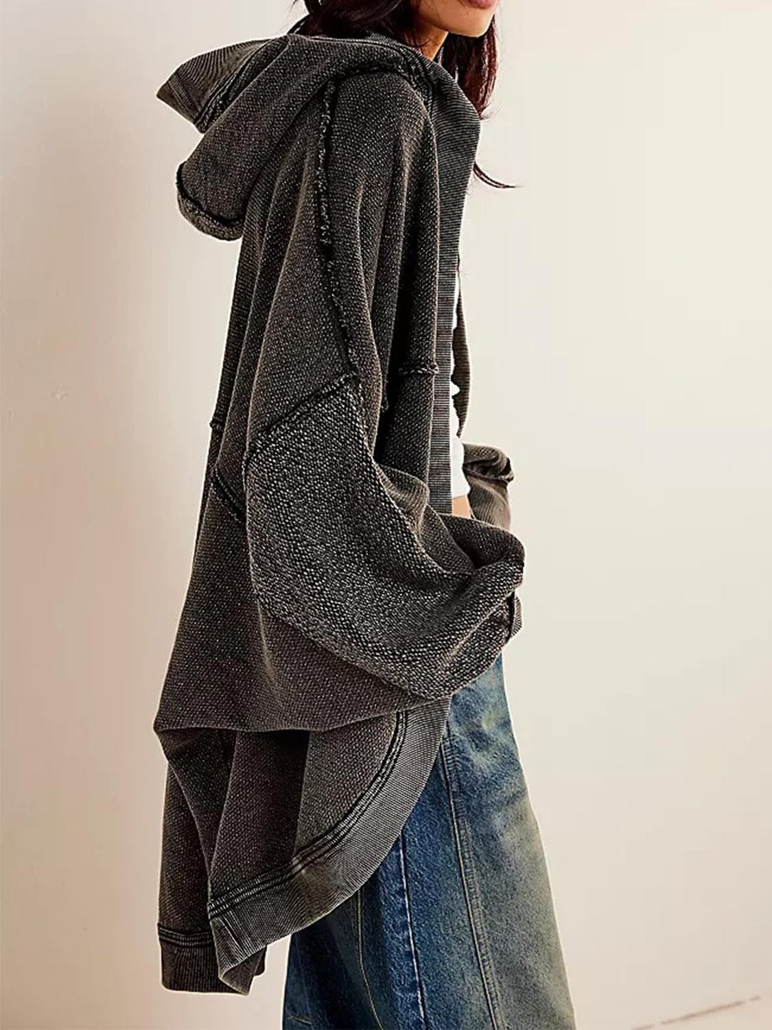 Exposed Seam Open Front Batwing Sleeve Hooded Cardigan - Trendsi