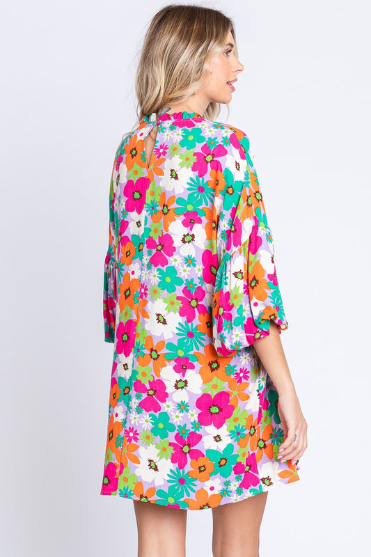 GeeGee Full Size Floral Round Neck Lantern Sleeve Mini Dress - Flyclothing LLC