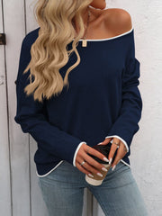 Contrast Trim Round Neck Long Sleeve Sweater - Trendsi