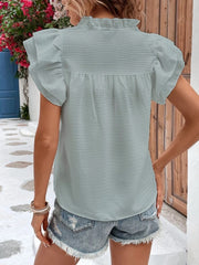 Ruffled Notched Cap Sleeve Blouse - Flyclothing LLC