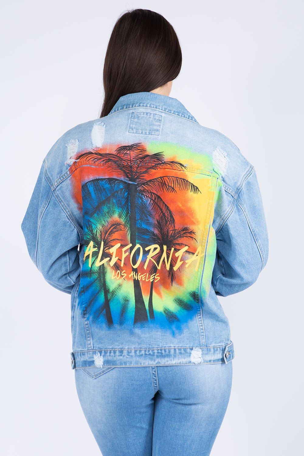 American Bazi Full Size Painted Back Distressed Denim Jacket - Trendsi