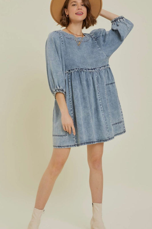 Cutout Round Neck Balloon Sleeve Denim Dress - Trendsi