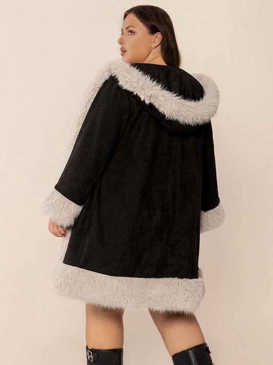 Plus Size Fuzzy Trim Open Front Long Sleeve Hooded Coat - Trendsi