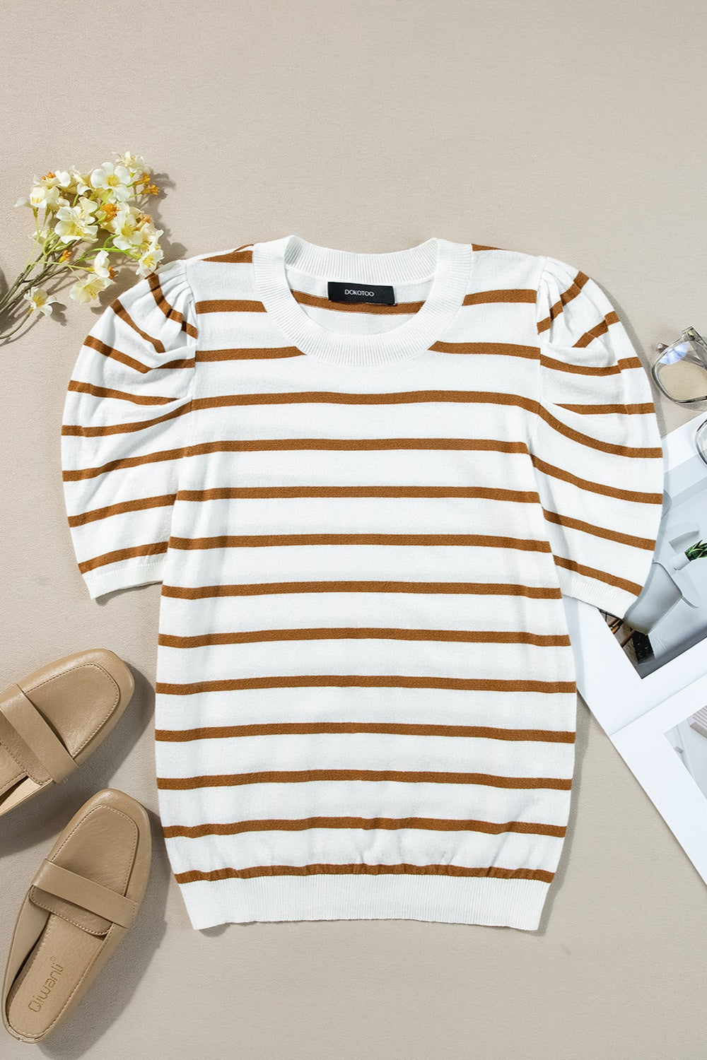 Striped Round Neck Puff Sleeve Knit Top - Flyclothing LLC