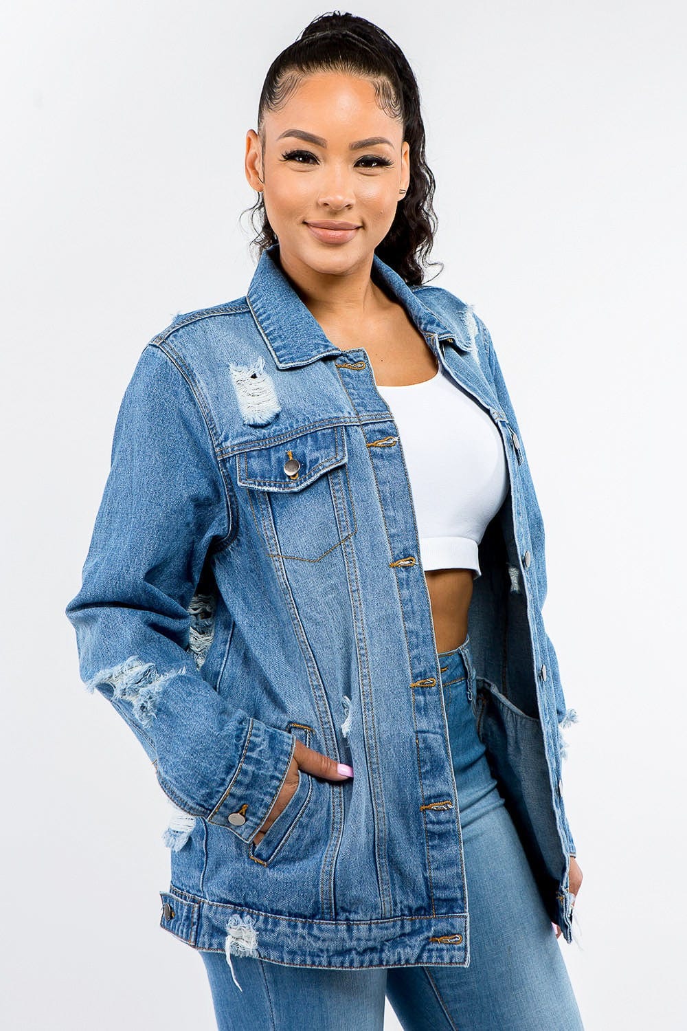 American Bazi Full Size Button Up Distressed Denim Jacket - Trendsi