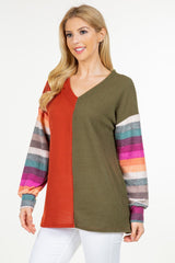 Celeste Full Size Contrast Striped V-Neck Long Sleeve Blouse - Trendsi