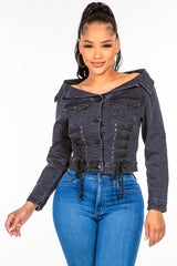 American Bazi Off Shoulder Lace Up Denim Jacket - Trendsi