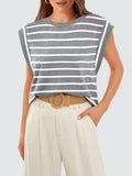 Striped Round Neck Cap Sleeve T-Shirt - Flyclothing LLC