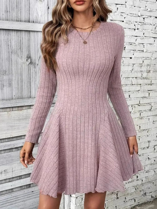 Ribbed Round Neck Long Sleeve Mini Dress