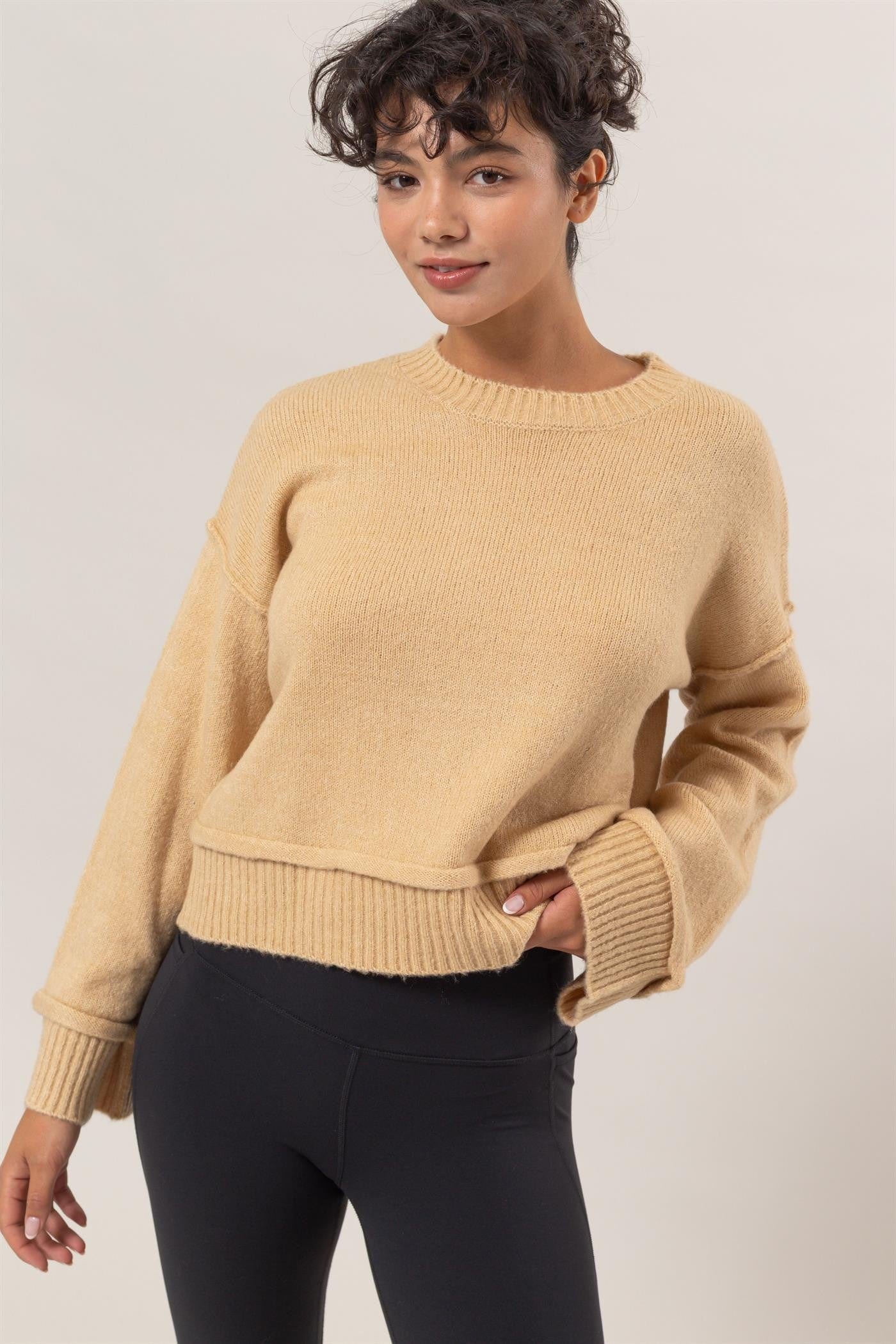 HYFVE Round Neck Dropped Shoulder Ribbed Sweater - Trendsi