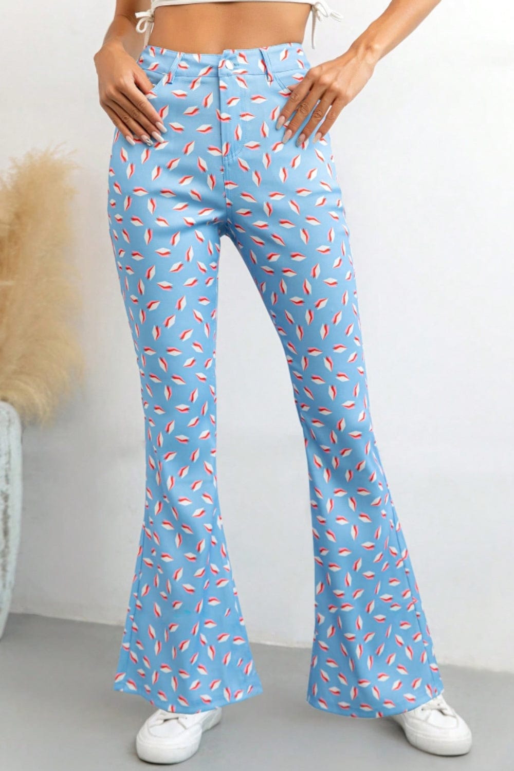 Printed High Waist Flare Pants with Pockets - Trendsi