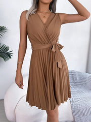 Tied Surplice Sleeveless Pleated Dress Trendsi