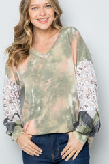 Celeste Full Size Tie-Dye V-Neck Printed Sleeve Blouse - Trendsi