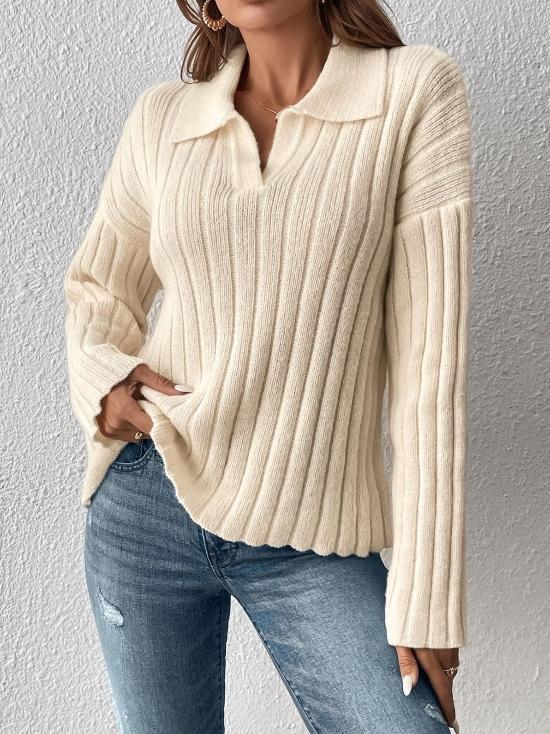 Johnny Collar Long Sleeve Sweater - Trendsi