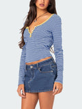 Buttoned Striped Long Sleeve T-Shirt - Trendsi