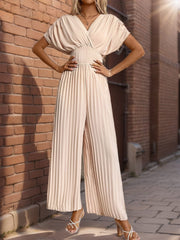 Pleated Short Sleeve Wide Leg Jumpsuit - Trendsi