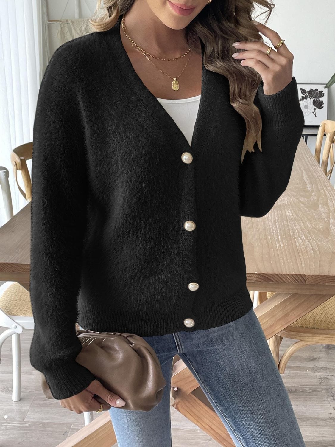 Button Up V-Neck Long Sleeve Cardigan - Trendsi