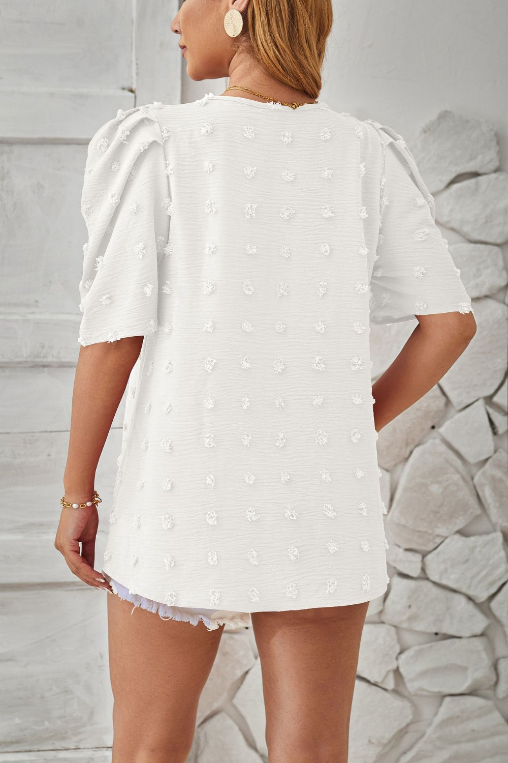 Swiss Dot Round Neck Short Sleeve Blouse Trendsi