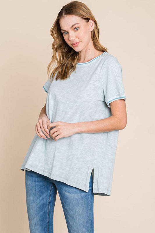 Cotton Bleu by Nu Lab Contrast Trim Short Sleeve Slit T-Shirt - Trendsi