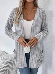 Ribbed Open Front Long Sleeve Cardigan with Pockets - Trendsi