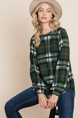 BOMBOM Curved Hem Plaid Round Neck Long Sleeve Top - Trendsi