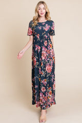 BOMBOM Floral Short Sleeve Maxi Dress - Trendsi