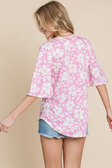 BOMBOM Floral Decorative Button V-Neck Top - Trendsi