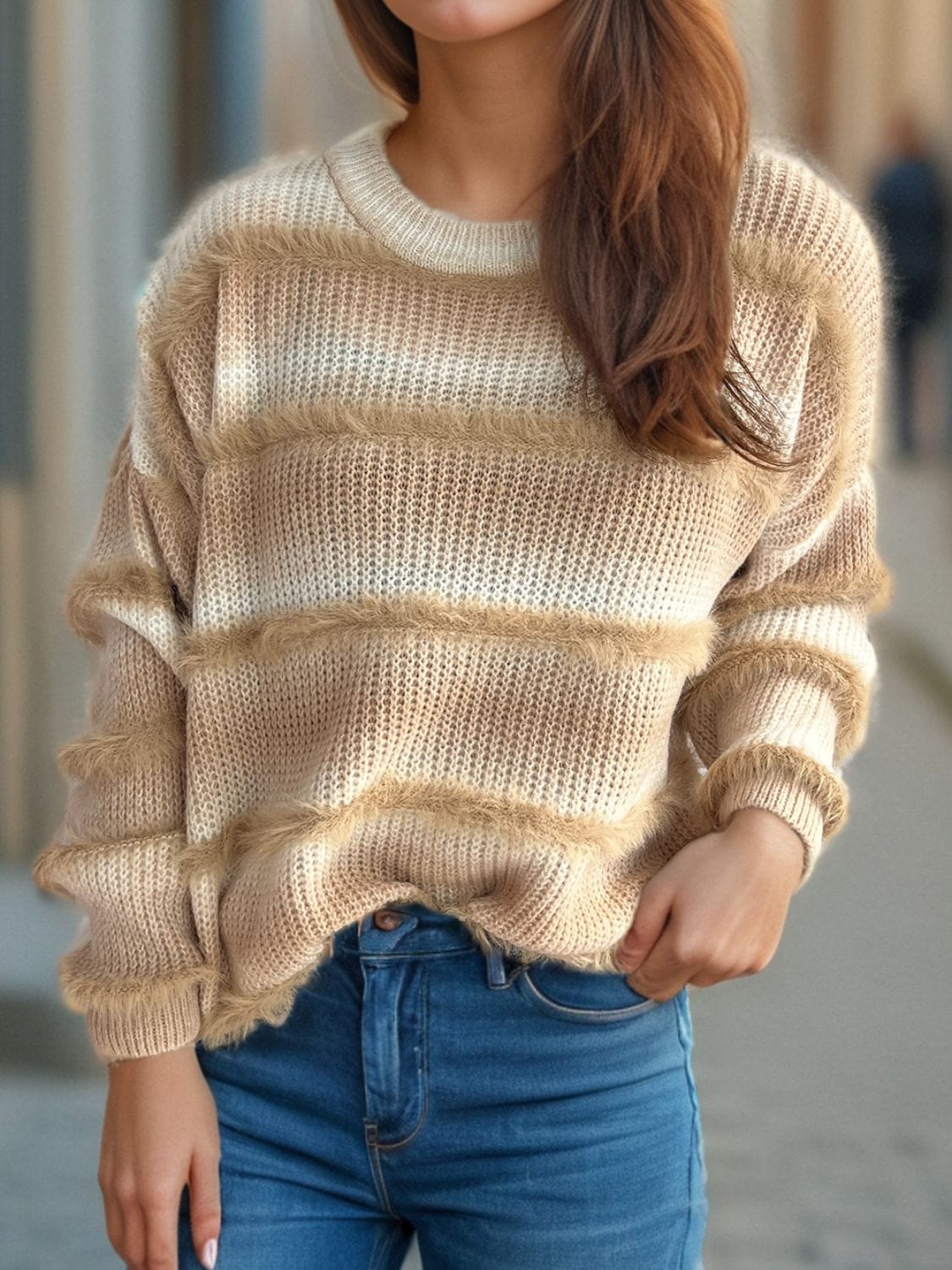 Gradient Round Neck Dropped Shoulder Sweater - Trendsi