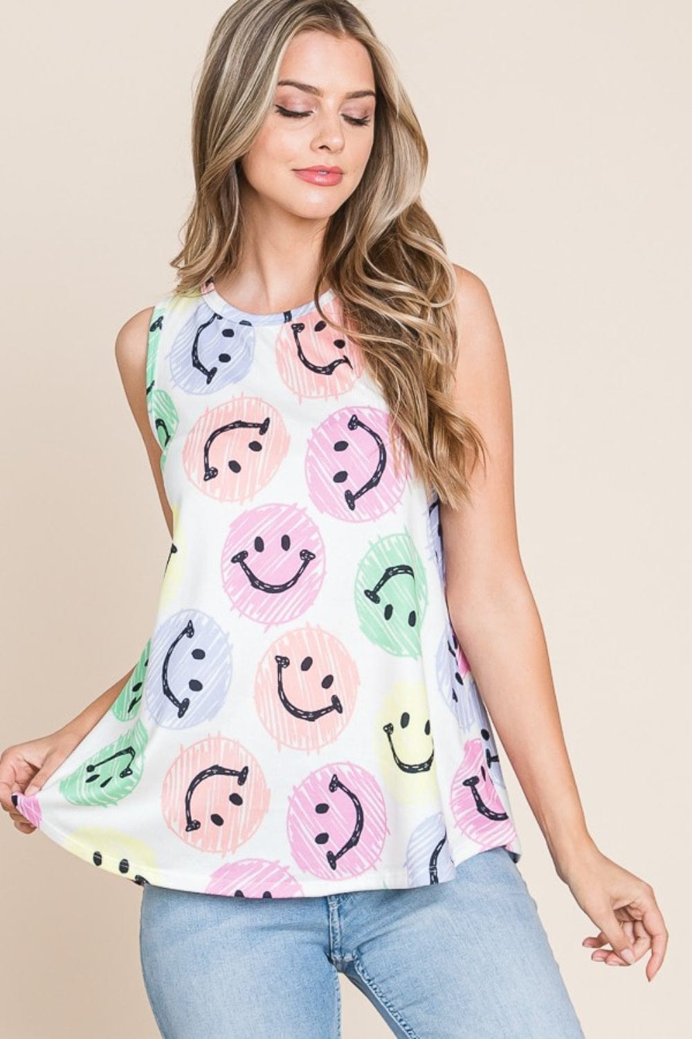 BOMBOM Smiley Face Round Neck Tank - Trendsi