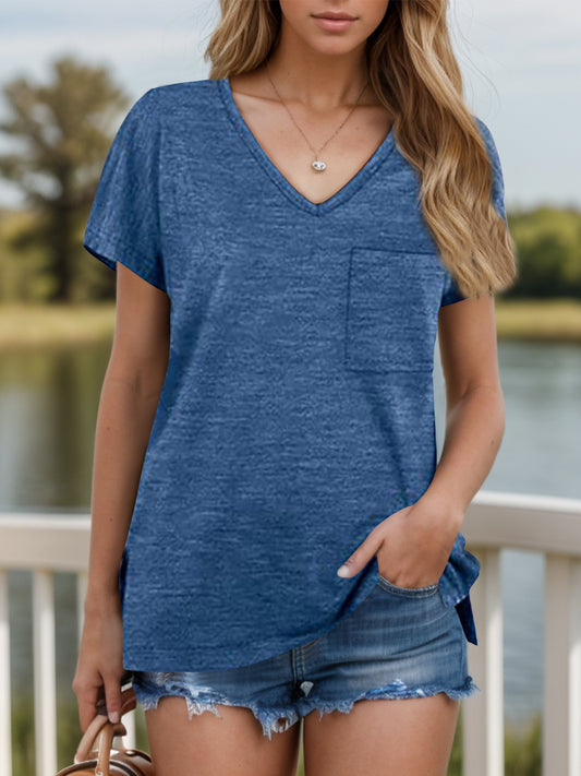 Pocketed Heathered V-Neck Short Sleeve T-Shirt