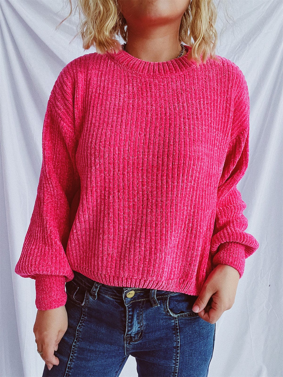 Round Neck Dropped Shoulder Long Sleeve Sweater - Trendsi